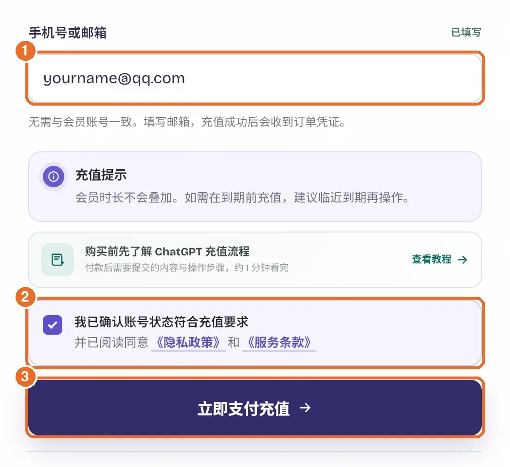 AONIR 下单页：1 填写手机号或邮箱，2 勾选确认，3 点立即支付充值