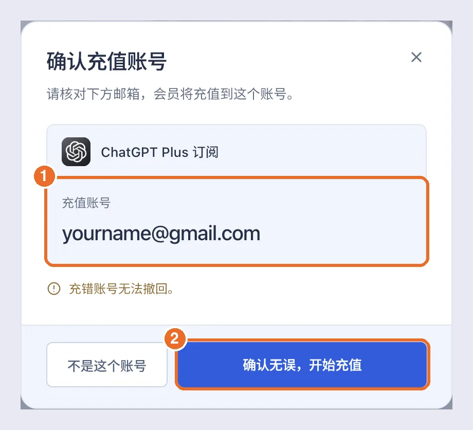 确认充值账号弹窗：1 充值账号邮箱，2 确认无误，开始充值